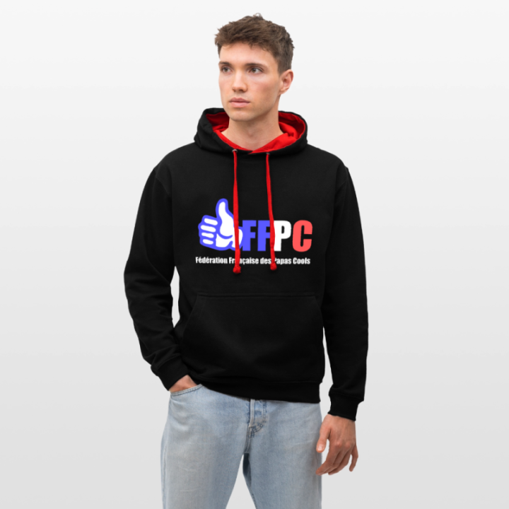 Sweat-shirt à capuche contrasté unisexe - Fédération Française des papas cools - noir/rouge - front