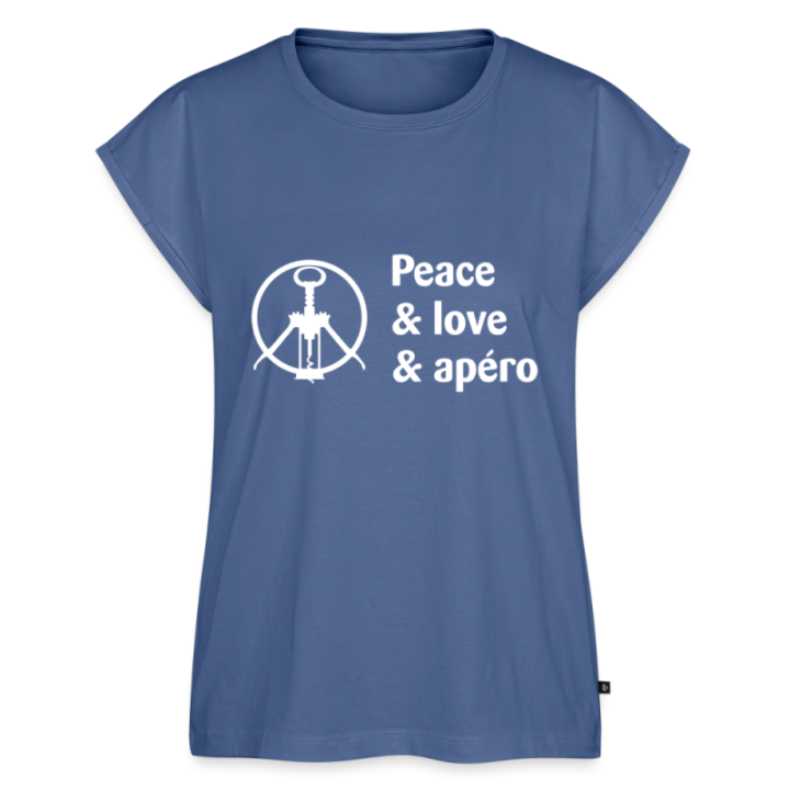 T-shirt à manches retroussées femme - Peace Love Apéro - bleu pigeon - front