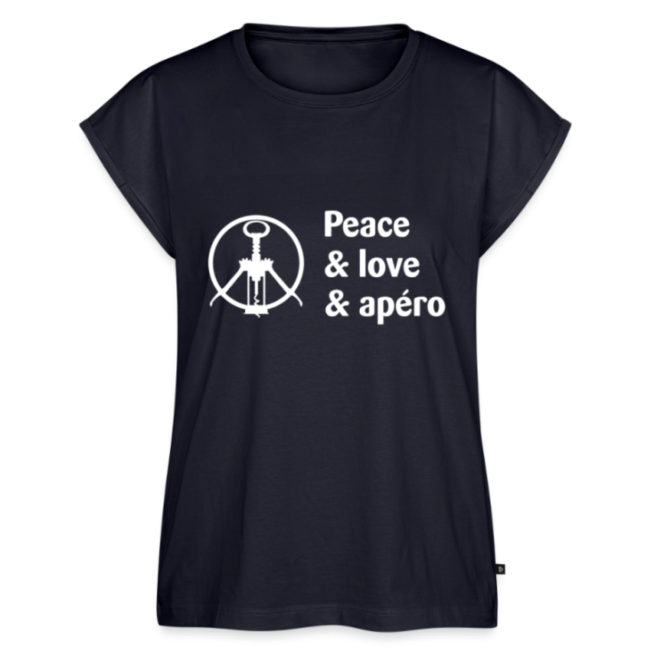 T-shirt à manches retroussées femme - Peace Love Apéro - bleu marine - front
