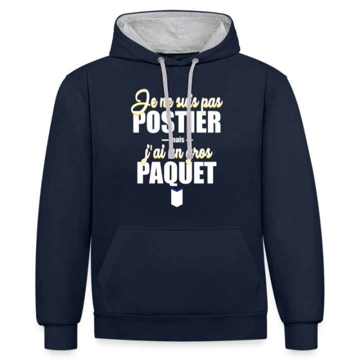 Sweat-shirt à capuche contrasté unisexe - J'ai un gros paquet - bleu marine/gris chiné - front