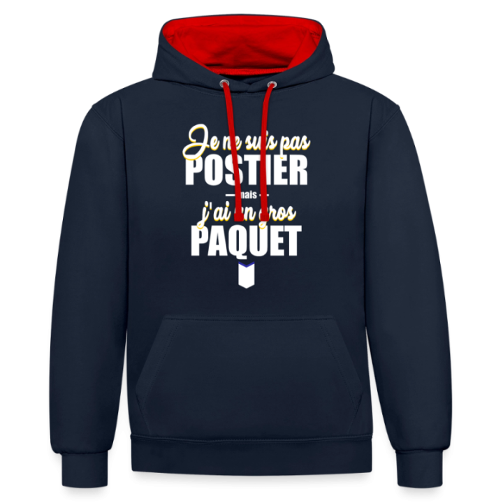Sweat-shirt à capuche contrasté unisexe - J'ai un gros paquet - bleu marine/rouge - front