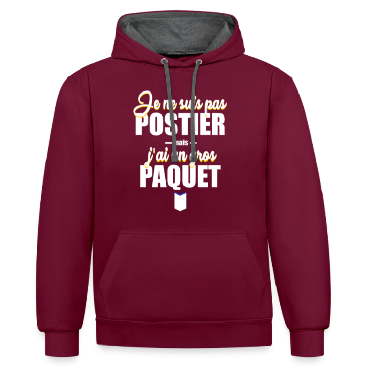 Sweat-shirt à capuche contrasté unisexe - J'ai un gros paquet - bordeaux/anthracite - front