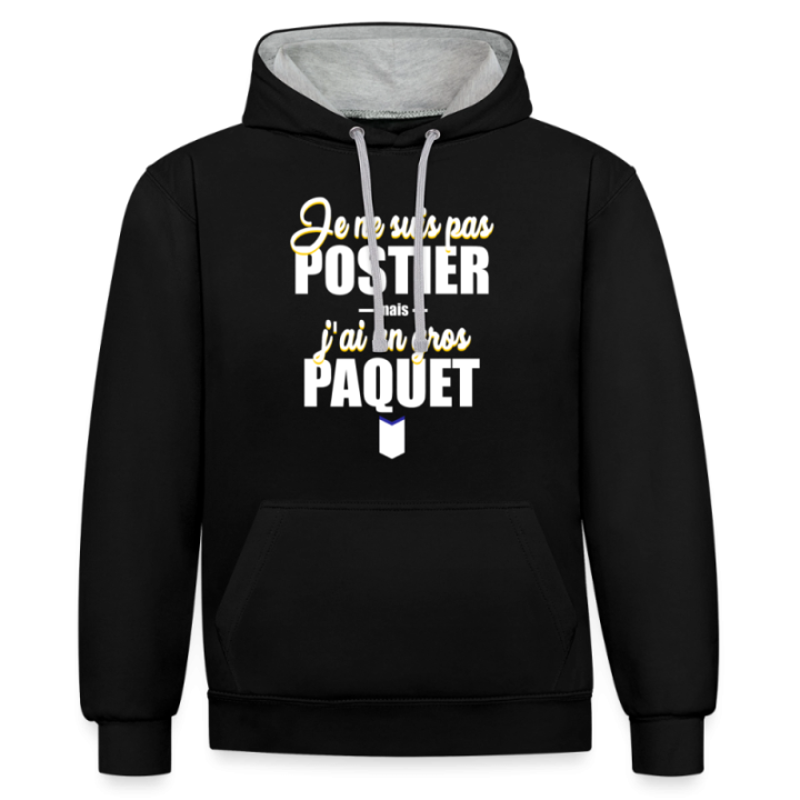 Sweat-shirt à capuche contrasté unisexe - J'ai un gros paquet - noir/gris chiné - front