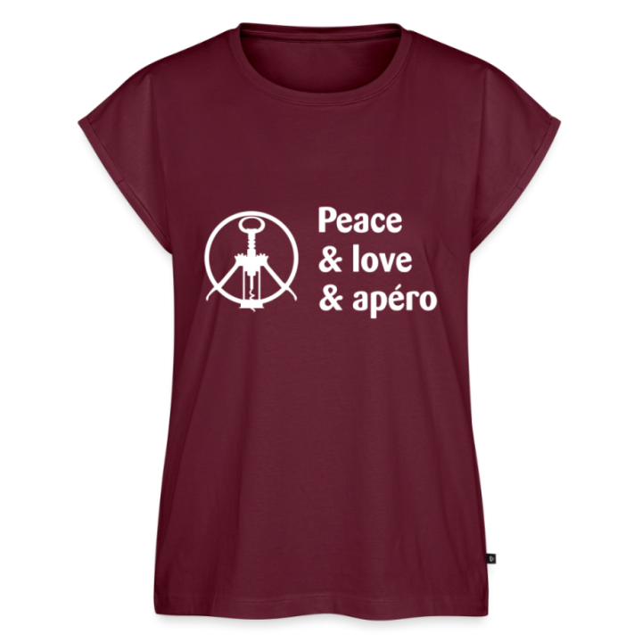 T-shirt à manches retroussées femme - Peace Love Apéro - bourgogne - front