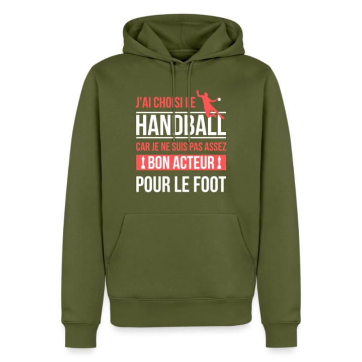 Sweat-shirt à capuche premium homme - J'ai choisi le handball - kaki - front