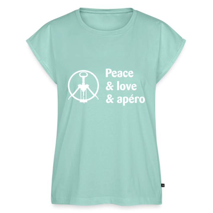 T-shirt à manches retroussées femme - Peace Love Apéro - menthe  - front