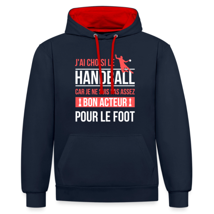 Sweat-shirt à capuche contrasté unisexe - J'ai choisi le handball - bleu marine/rouge - front