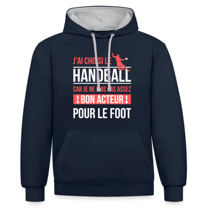 Sweat-shirt à capuche contrasté unisexe - J'ai choisi le handball - bleu marine/gris chiné - front