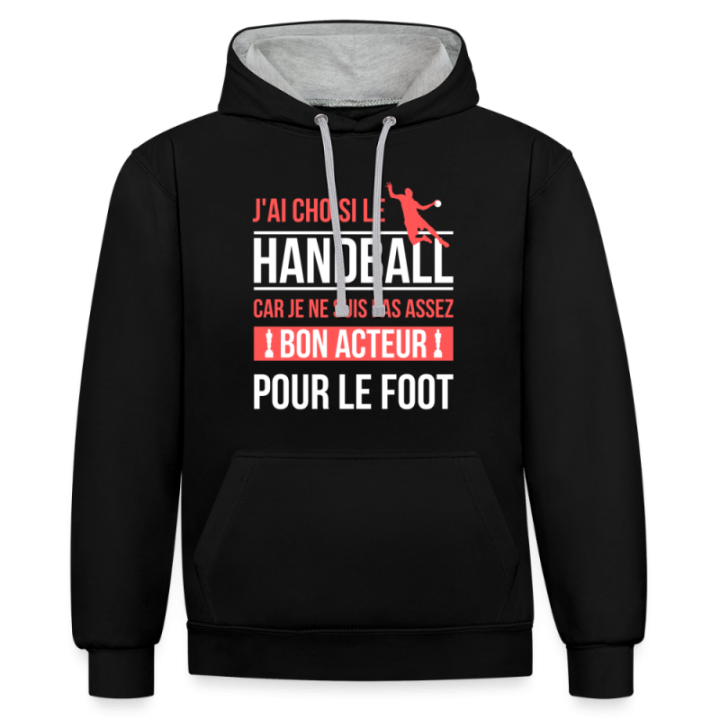 Sweat-shirt à capuche contrasté unisexe - J'ai choisi le handball - noir/gris chiné - front