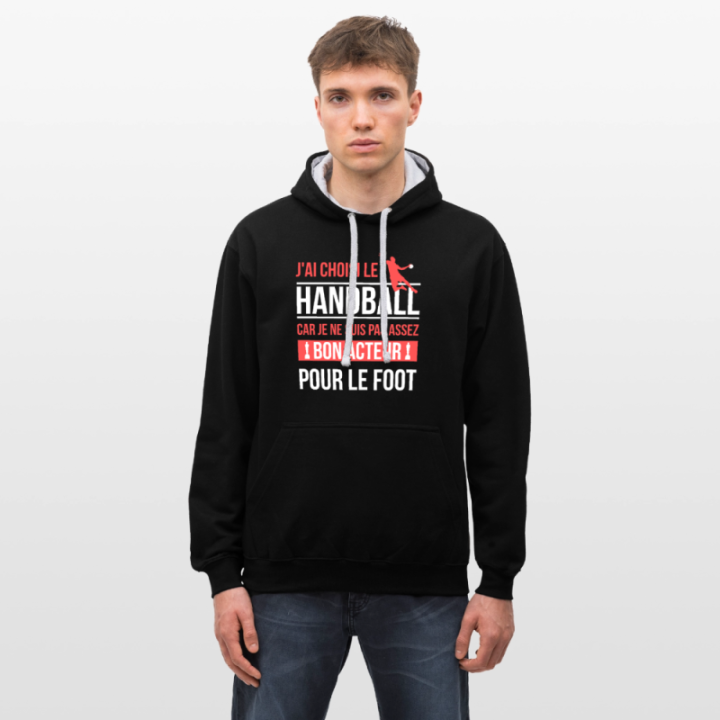 Sweat-shirt à capuche contrasté unisexe - J'ai choisi le handball - noir/gris chiné - front