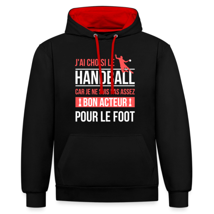 Sweat-shirt à capuche contrasté unisexe - J'ai choisi le handball - noir/rouge - front