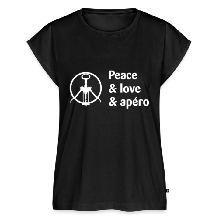 T-shirt à manches retroussées femme - Peace Love Apéro - noir - front