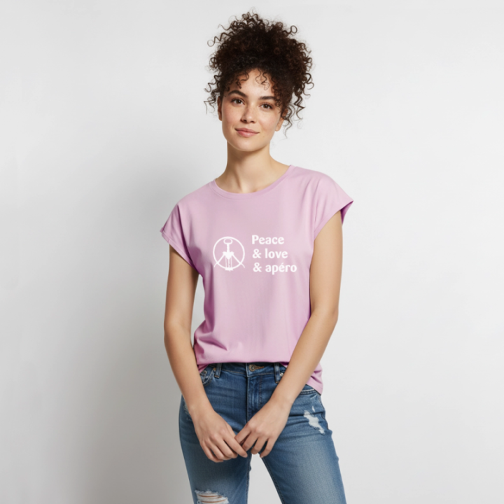 T-shirt à manches retroussées femme - Peace Love Apéro - rose poudré - front
