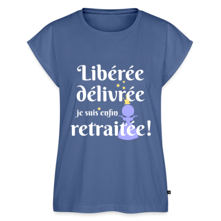 T-shirt à manches retroussées femme - Libérée Délivrée Retraitée - bleu pigeon - front