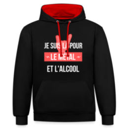 Sweat-shirt à capuche contrasté unisexe - Je suis là pour le métal et l'alcool - noir/rouge - front