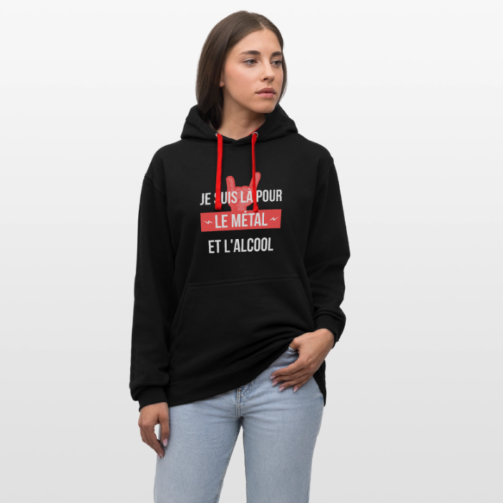 Sweat-shirt à capuche contrasté unisexe - Je suis là pour le métal et l'alcool - noir/rouge - front