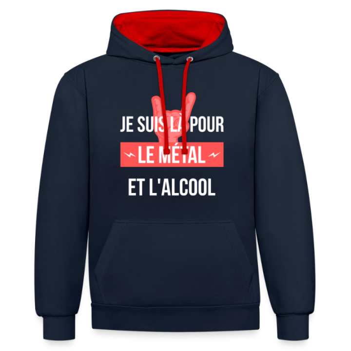 Sweat-shirt à capuche contrasté unisexe - Je suis là pour le métal et l'alcool - bleu marine/rouge - front