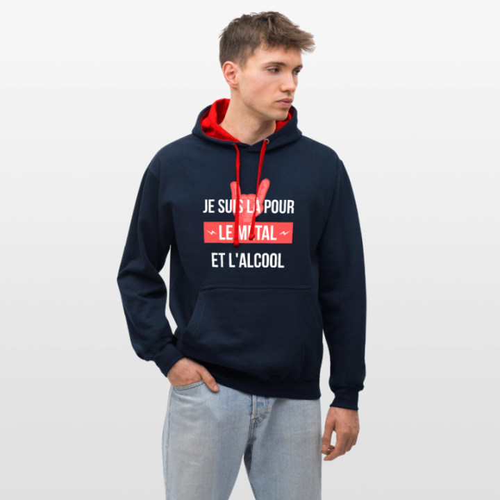 Sweat-shirt à capuche contrasté unisexe - Je suis là pour le métal et l'alcool - bleu marine/rouge - front