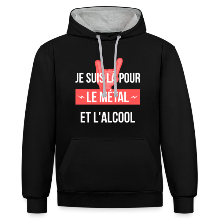 Sweat-shirt à capuche contrasté unisexe - Je suis là pour le métal et l'alcool - noir/gris chiné - front