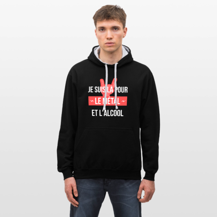 Sweat-shirt à capuche contrasté unisexe - Je suis là pour le métal et l'alcool - noir/gris chiné - front