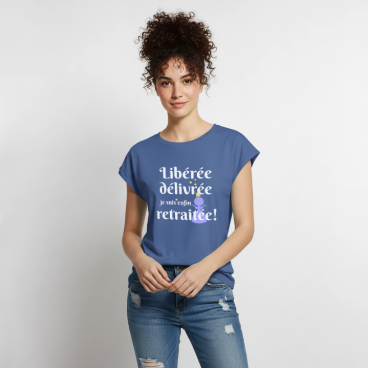 T-shirt à manches retroussées femme - Libérée Délivrée Retraitée - bleu pigeon - front