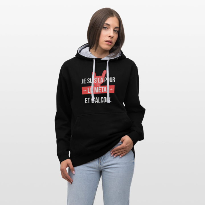 Sweat-shirt à capuche contrasté unisexe - Je suis là pour le métal et l'alcool - noir/gris chiné - front