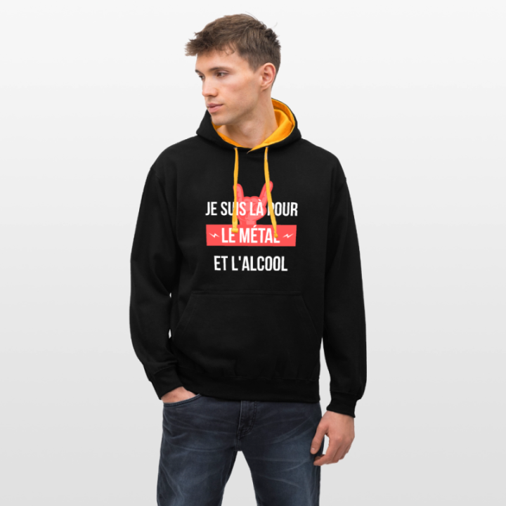 Sweat-shirt à capuche contrasté unisexe - Je suis là pour le métal et l'alcool - noir/or - front