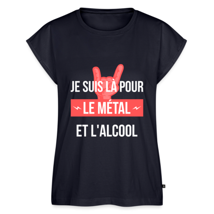 T-shirt à manches retroussées femme - Je suis là pour le métal et l'alcool - bleu marine - front