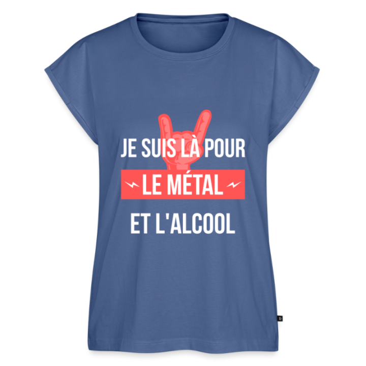 T-shirt à manches retroussées femme - Je suis là pour le métal et l'alcool - bleu pigeon - front