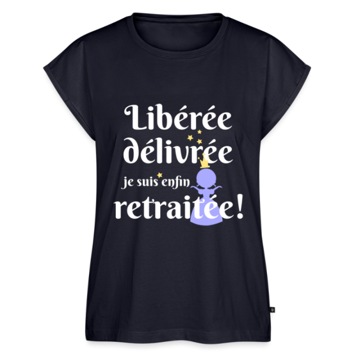 T-shirt à manches retroussées femme - Libérée Délivrée Retraitée - bleu marine - front