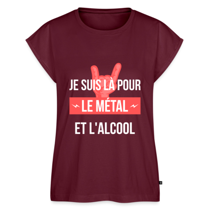 T-shirt à manches retroussées femme - Je suis là pour le métal et l'alcool - bourgogne - front