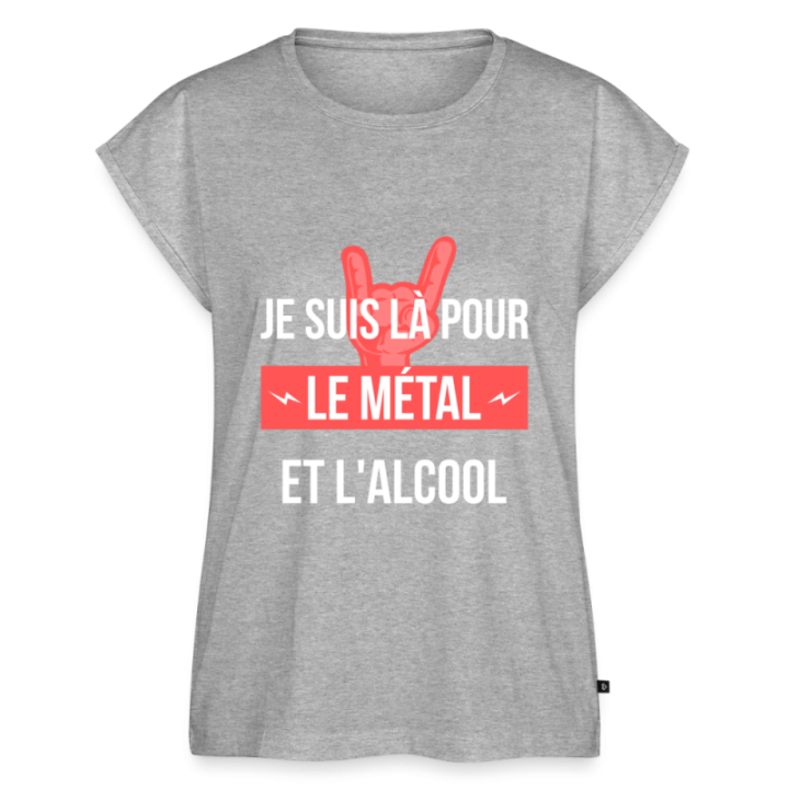 T-shirt à manches retroussées femme - Je suis là pour le métal et l'alcool - gris chiné - front