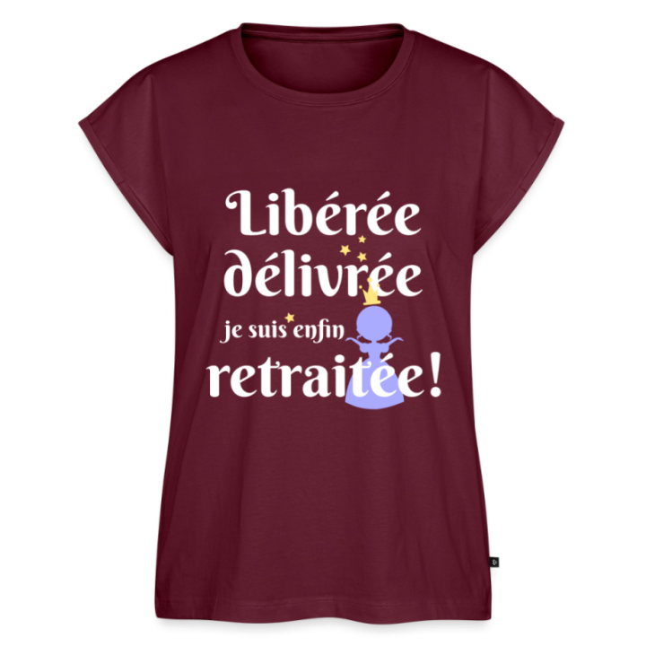 T-shirt à manches retroussées femme - Libérée Délivrée Retraitée - bourgogne - front