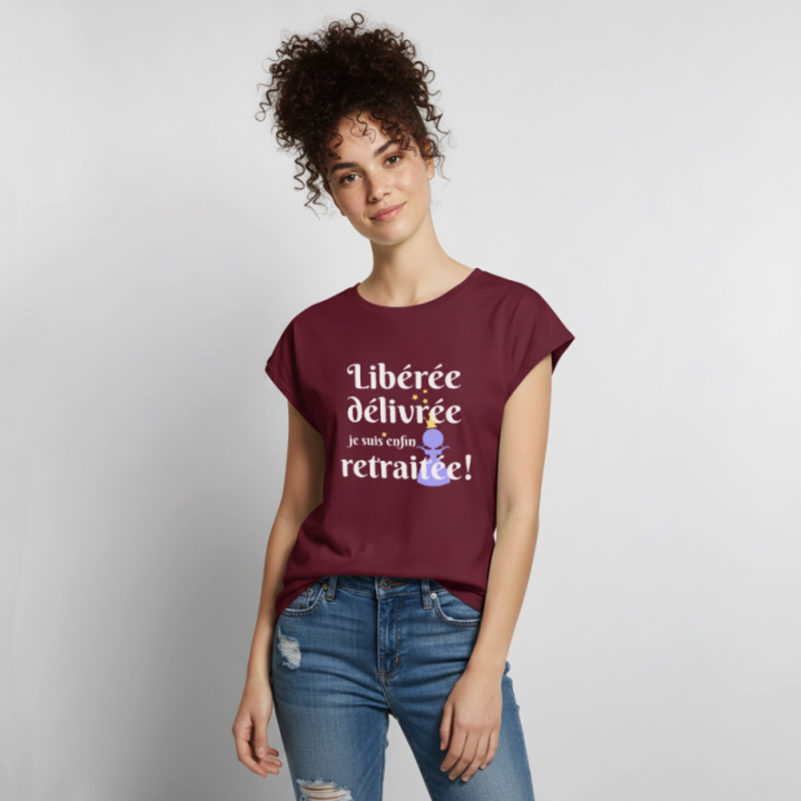 T-shirt à manches retroussées femme - Libérée Délivrée Retraitée - bourgogne - front