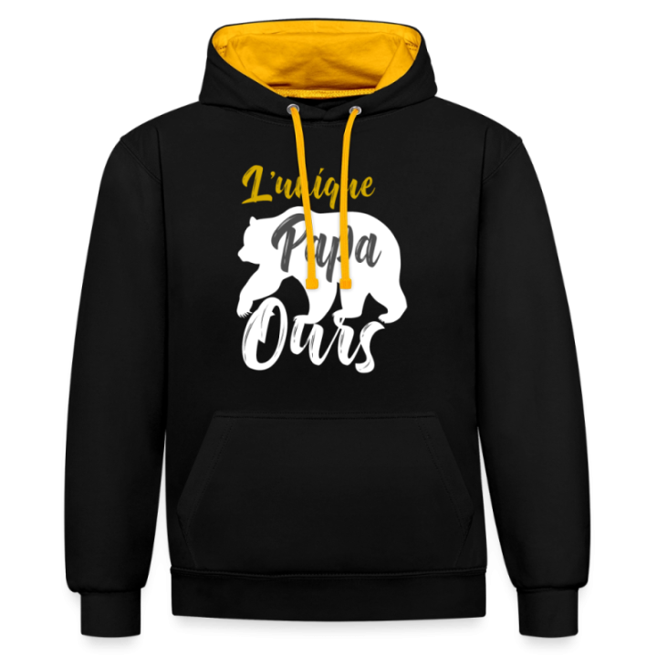 Sweat-shirt à capuche contrasté unisexe - L'unique papa ours - noir/or - front