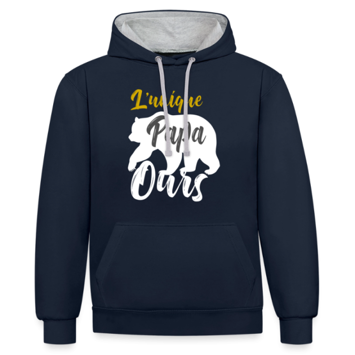 Sweat-shirt à capuche contrasté unisexe - L'unique papa ours - bleu marine/gris chiné - front