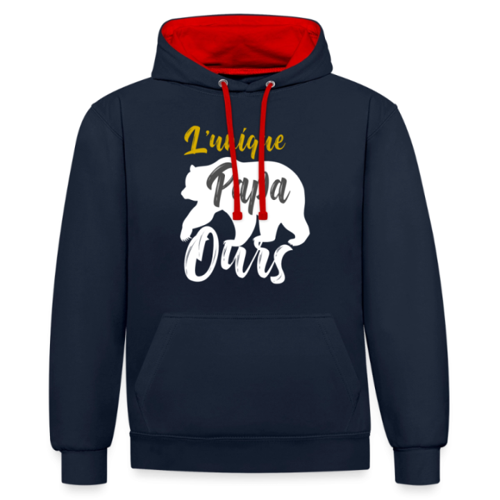 Sweat-shirt à capuche contrasté unisexe - L'unique papa ours - bleu marine/rouge - front