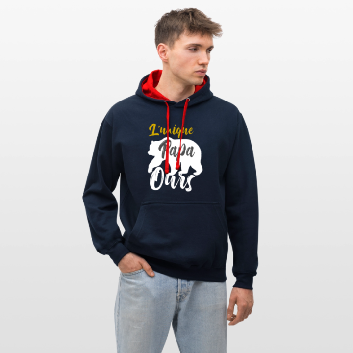 Sweat-shirt à capuche contrasté unisexe - L'unique papa ours - bleu marine/rouge - front