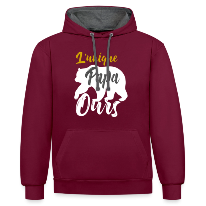 Sweat-shirt à capuche contrasté unisexe - L'unique papa ours - bordeaux/anthracite - front