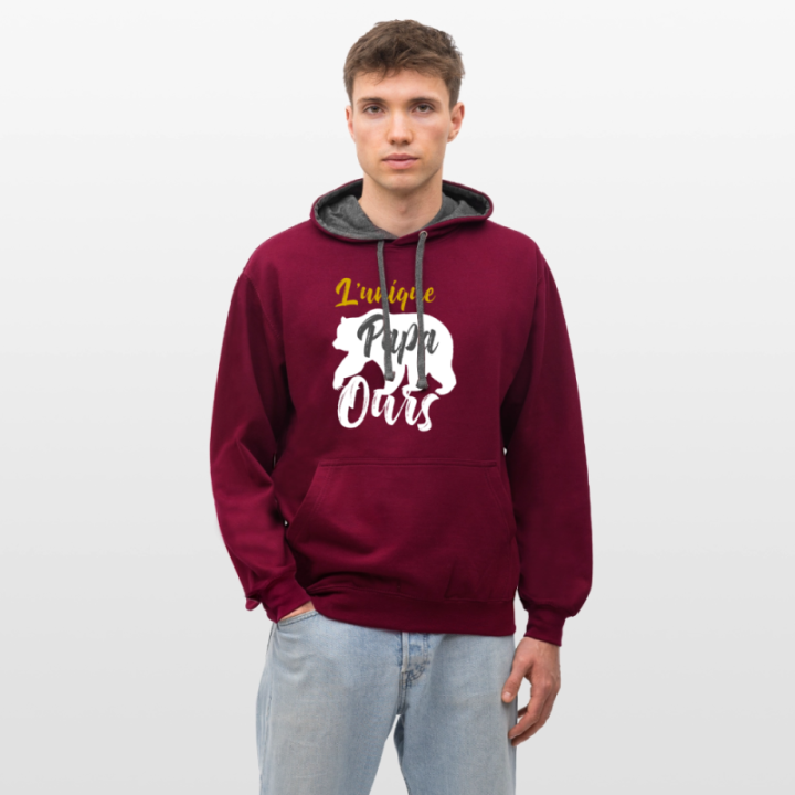 Sweat-shirt à capuche contrasté unisexe - L'unique papa ours - bordeaux/anthracite - front
