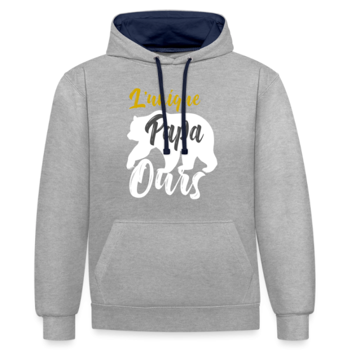 Sweat-shirt à capuche contrasté unisexe - L'unique papa ours - gris chiné/bleu marine - front