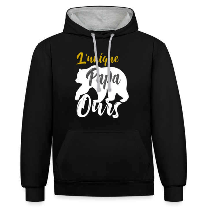 Sweat-shirt à capuche contrasté unisexe - L'unique papa ours - noir/gris chiné - front