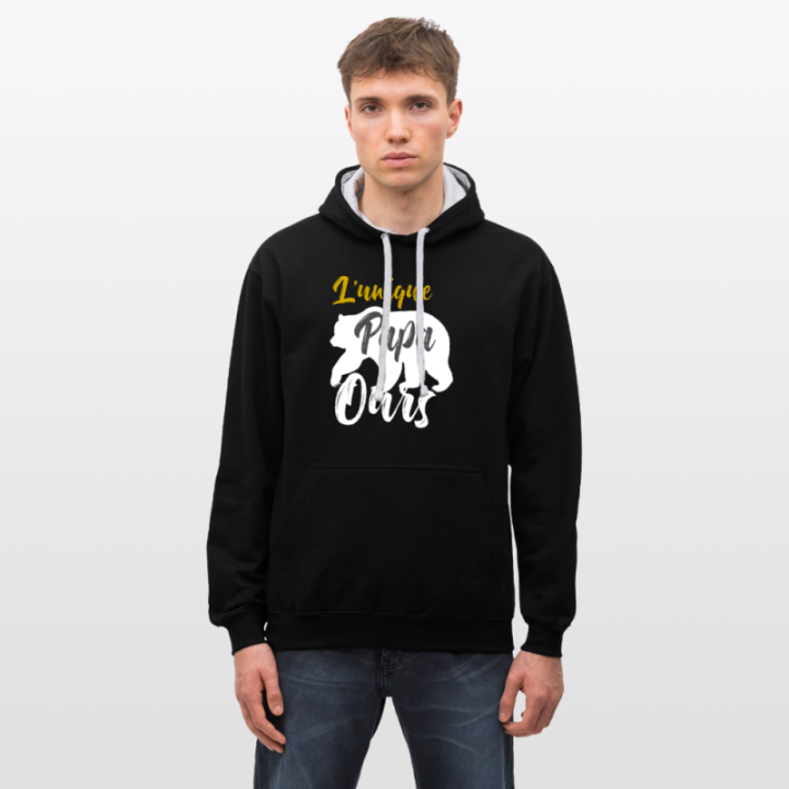 Sweat-shirt à capuche contrasté unisexe - L'unique papa ours - noir/gris chiné - front