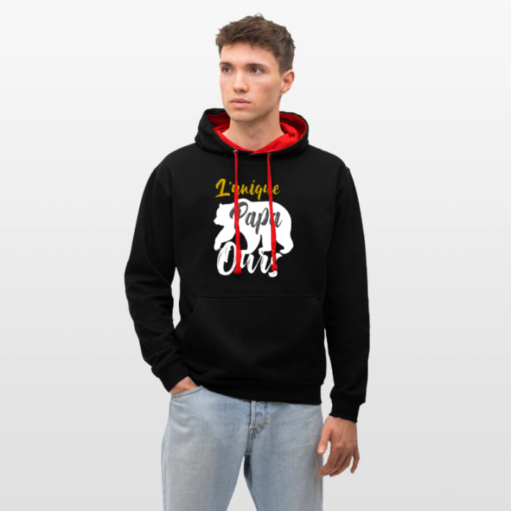 Sweat-shirt à capuche contrasté unisexe - L'unique papa ours - noir/rouge - front