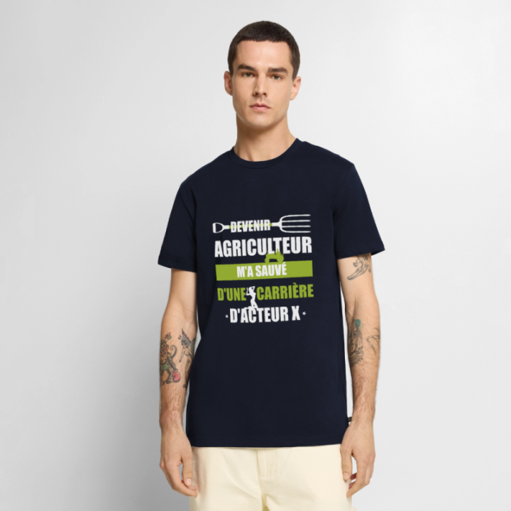 T-shirt premium homme - Devenir agriculteur m'a sauvé - bleu marine - front