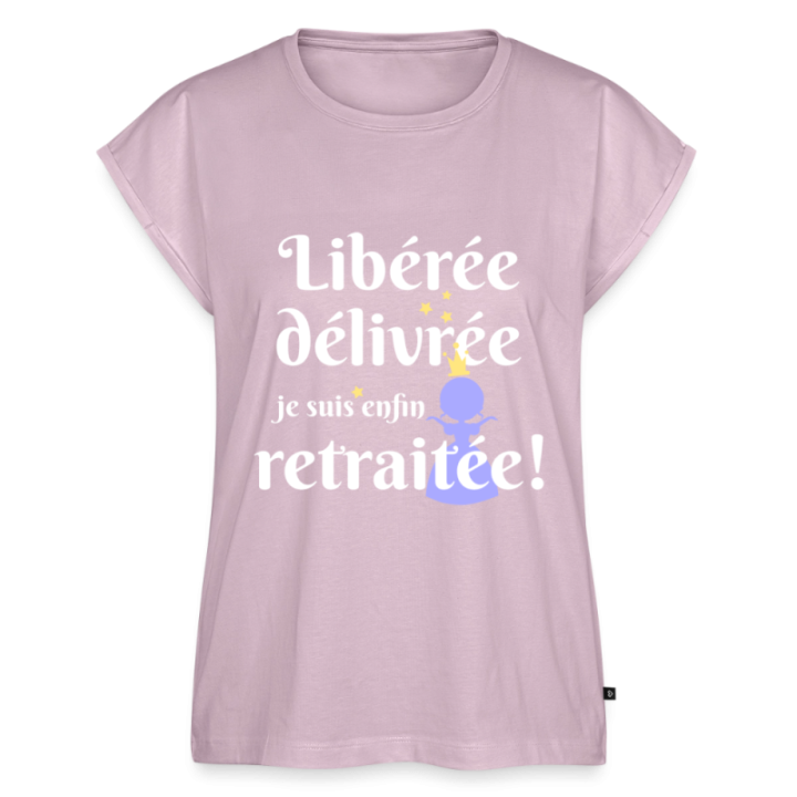 T-shirt à manches retroussées femme - Libérée Délivrée Retraitée - rose poudré - front