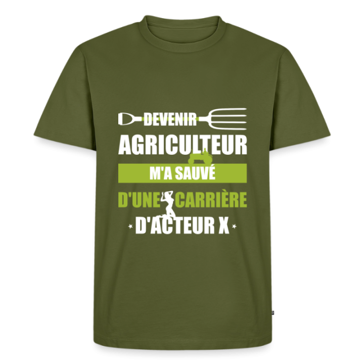 T-shirt premium homme - Devenir agriculteur m'a sauvé - kaki - front