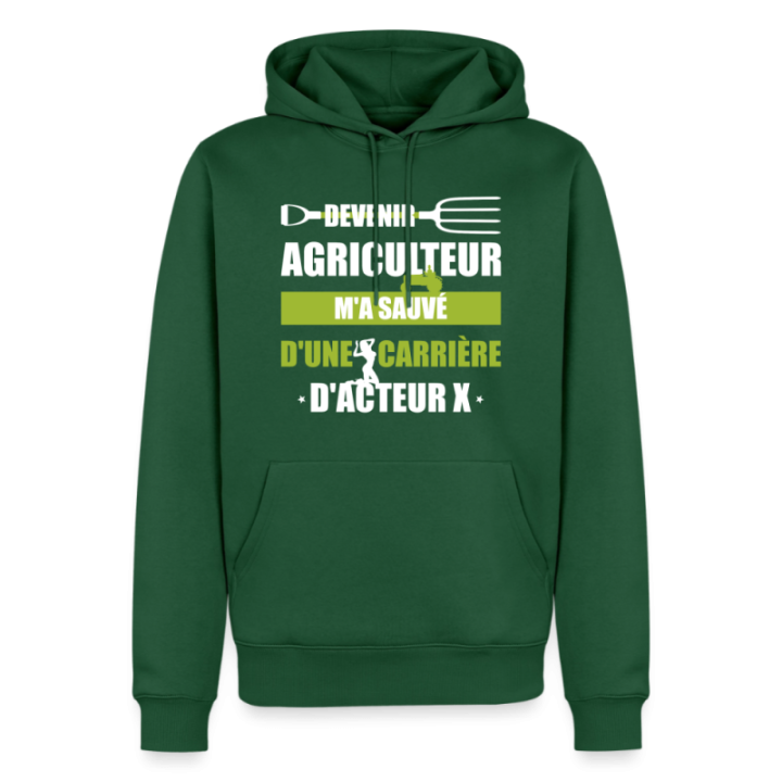Sweat-shirt à capuche premium homme - Devenir agriculteur m'a sauvé - vert bouteille - front