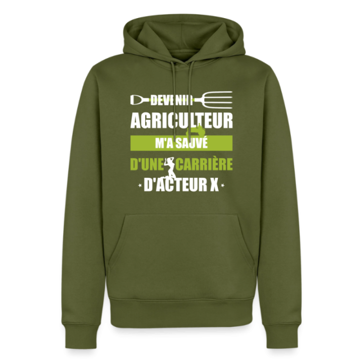 Sweat-shirt à capuche premium homme - Devenir agriculteur m'a sauvé - kaki - front