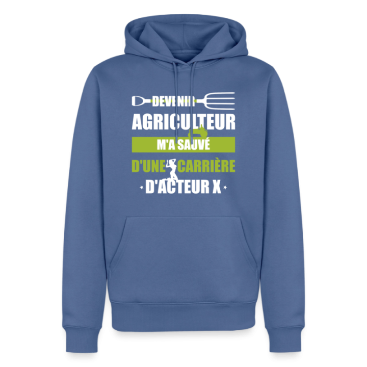 Sweat-shirt à capuche premium homme - Devenir agriculteur m'a sauvé - bleu pigeon - front